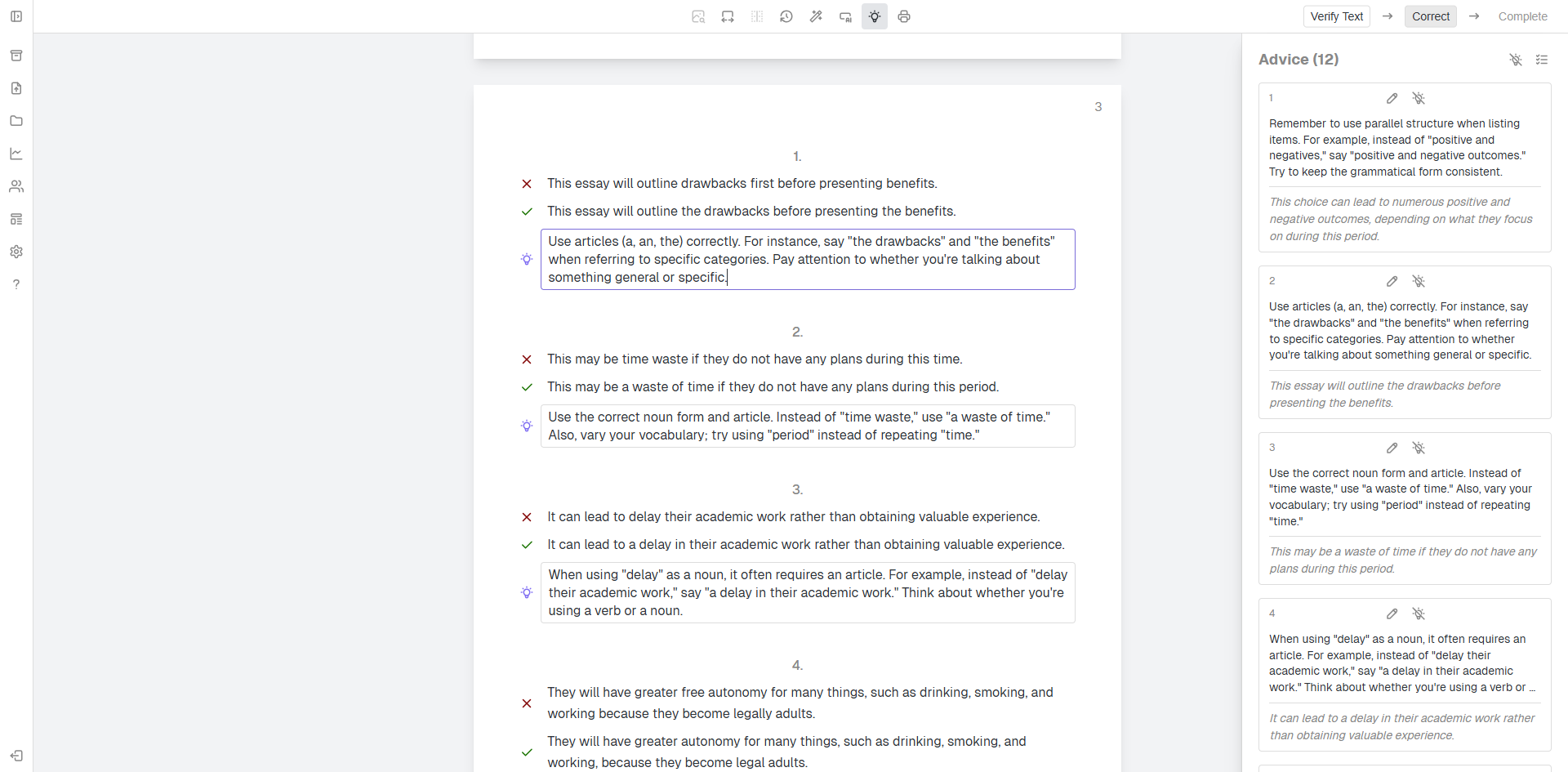 Snapgrade advice panel showing generated student-facing feedback