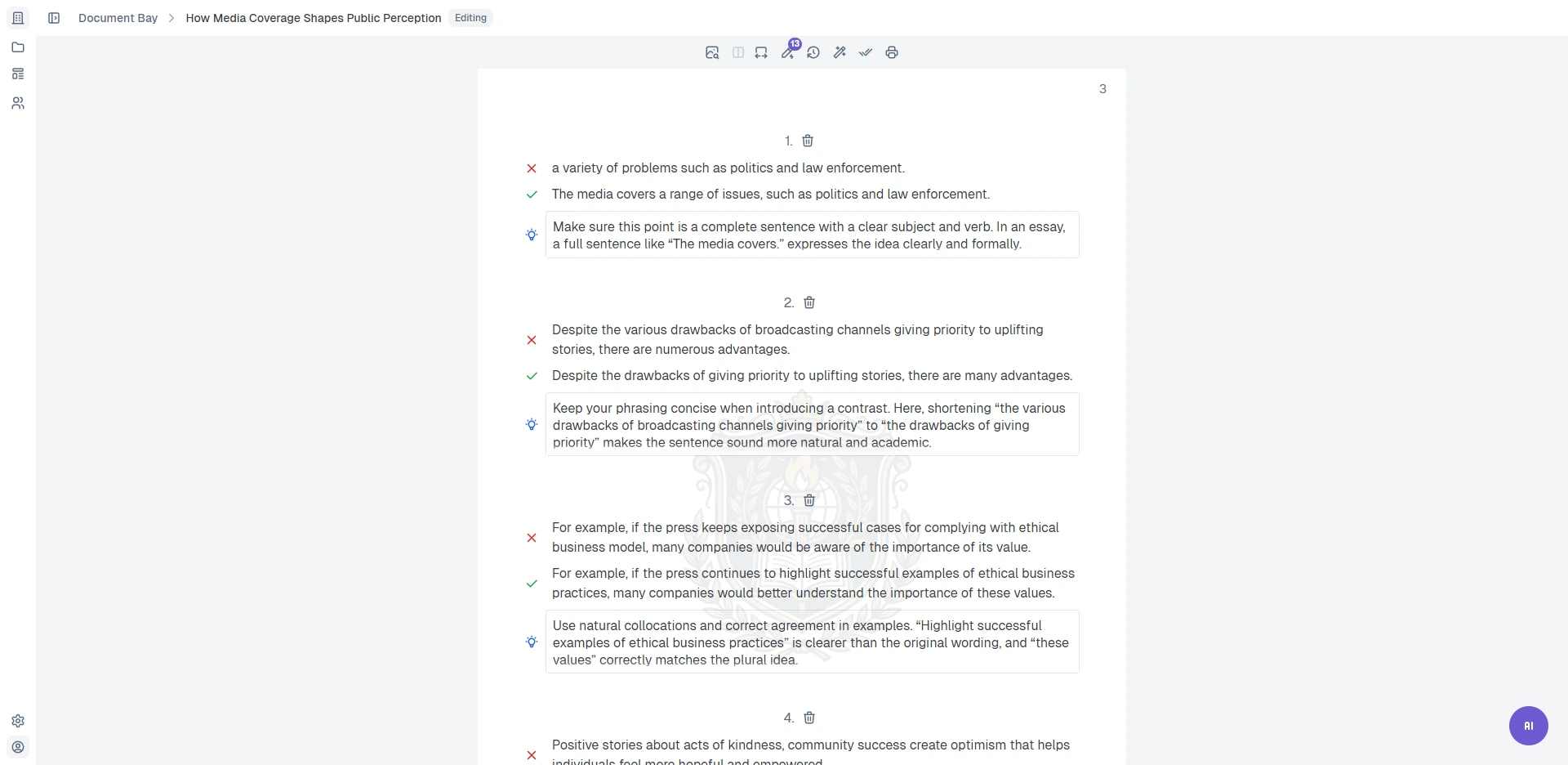 Snapgrade advice panel showing generated student-facing feedback