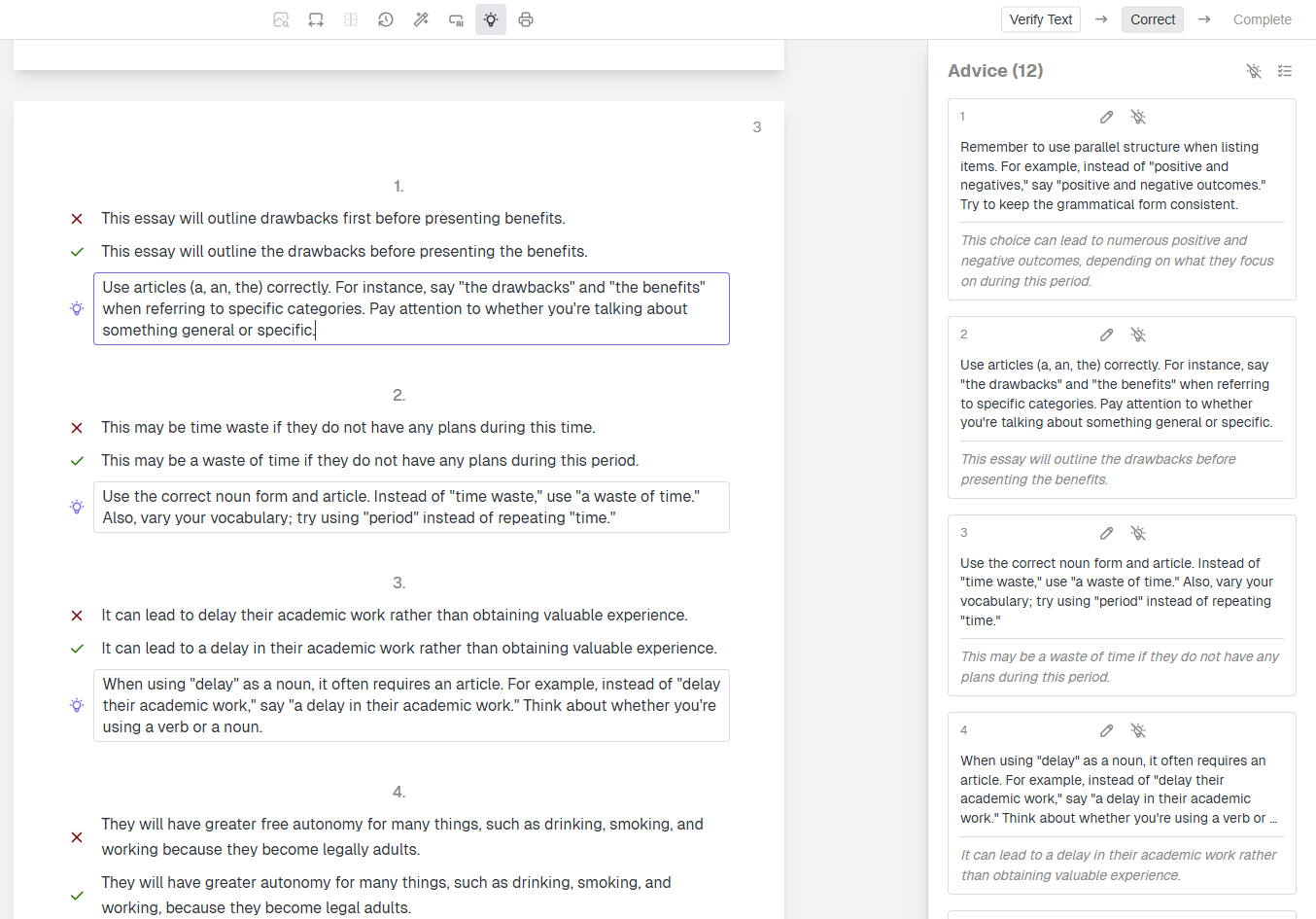 Snapgrade advice panel showing generated student-facing feedback