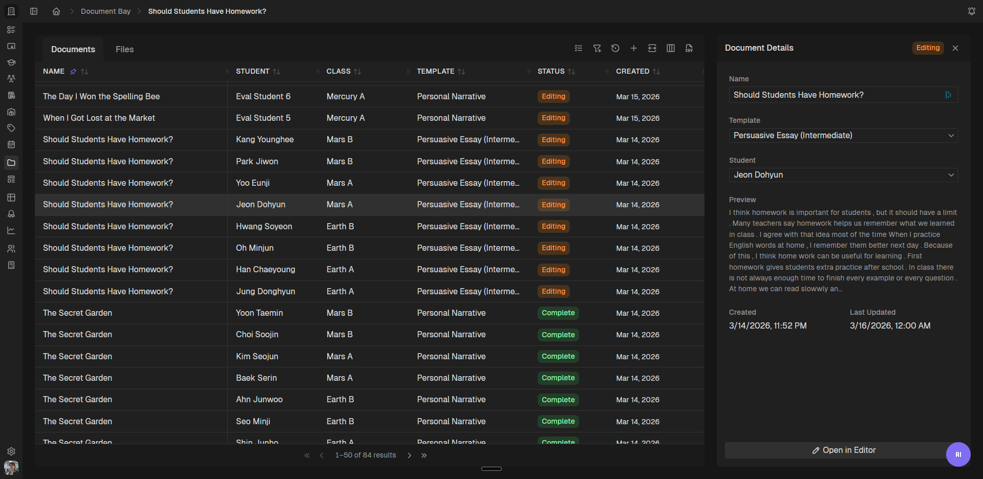 Snapgrade document bay showing managed uploaded documents