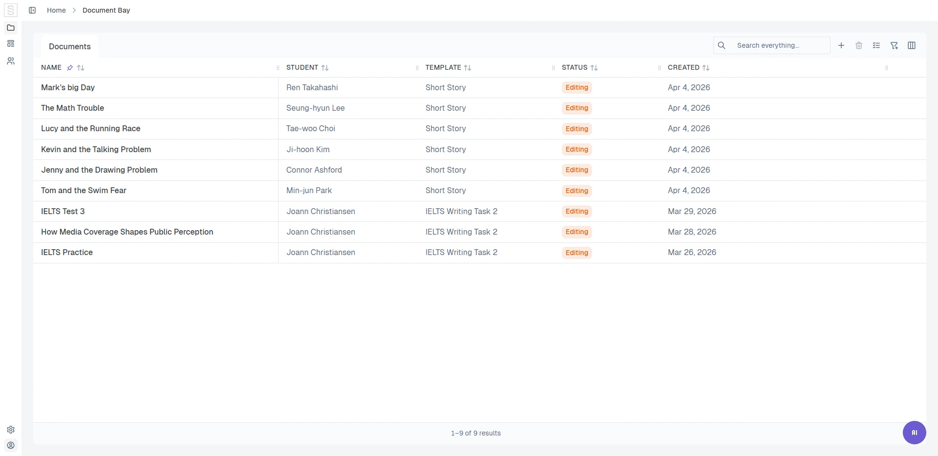 Snapgrade document bay showing managed uploaded documents