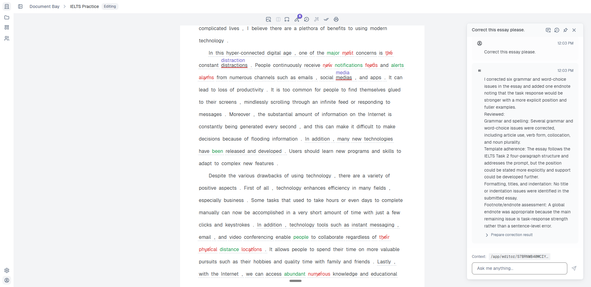 Snapgrade editor showing an essay with the AI correction chat open