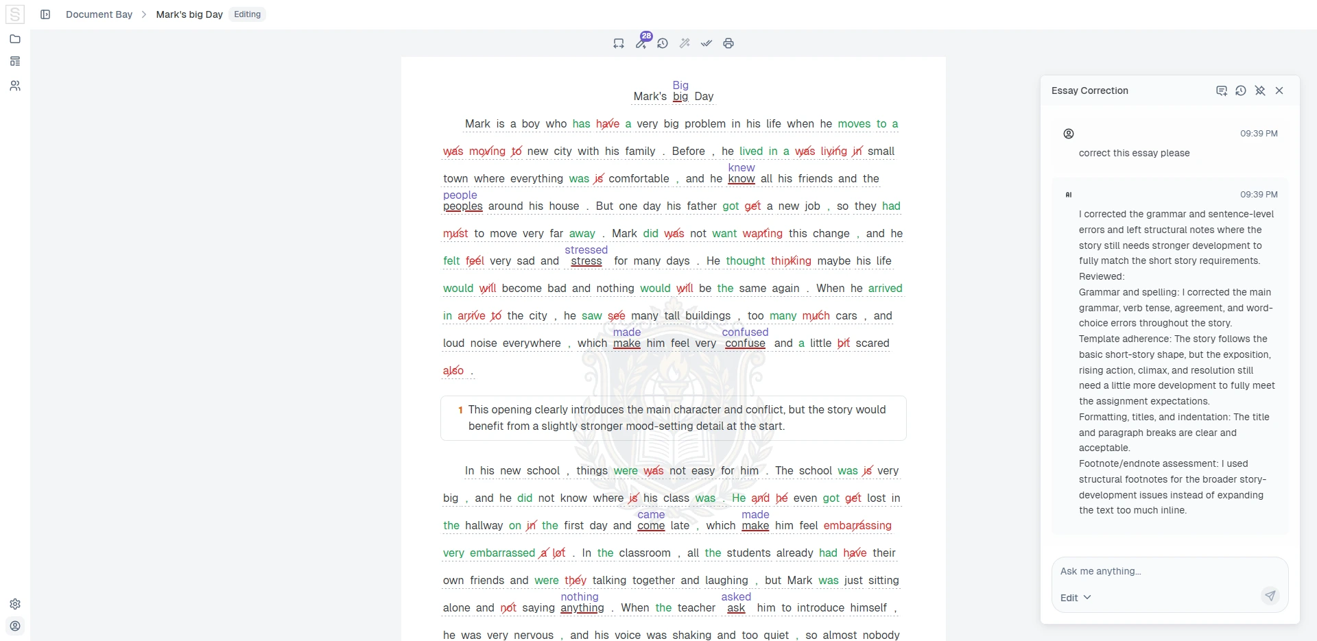 Snapgrade editor showing an essay with the AI correction chat open