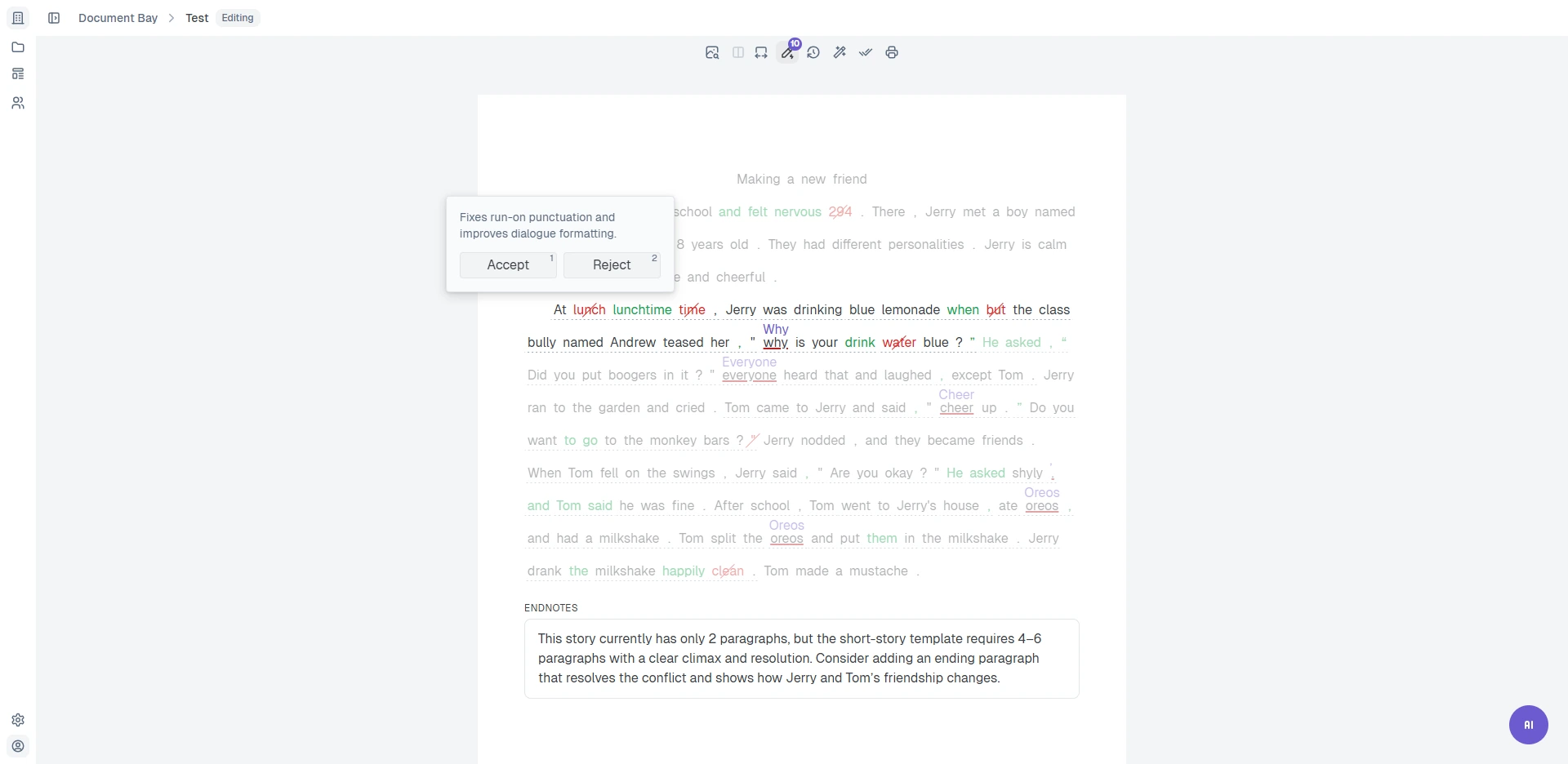 Snapgrade editor showing review controls for accepting and rejecting corrections
