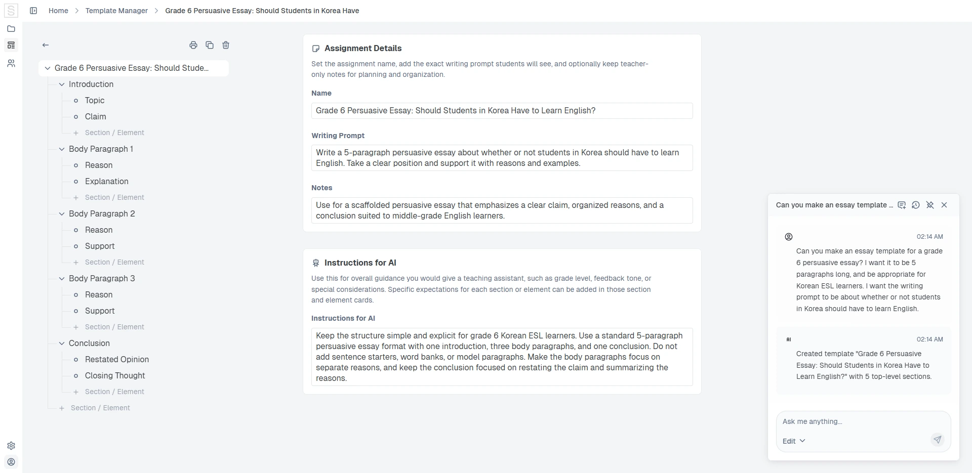 Snapgrade AI template builder creating an assignment template from plain English instructions