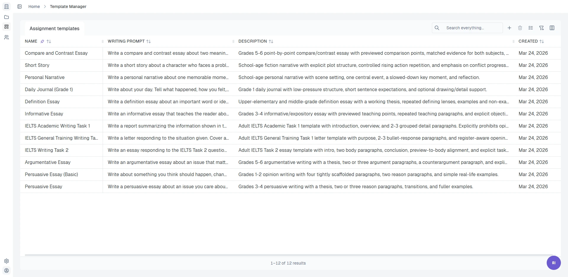 Snapgrade template manager for assignment-aware essay review